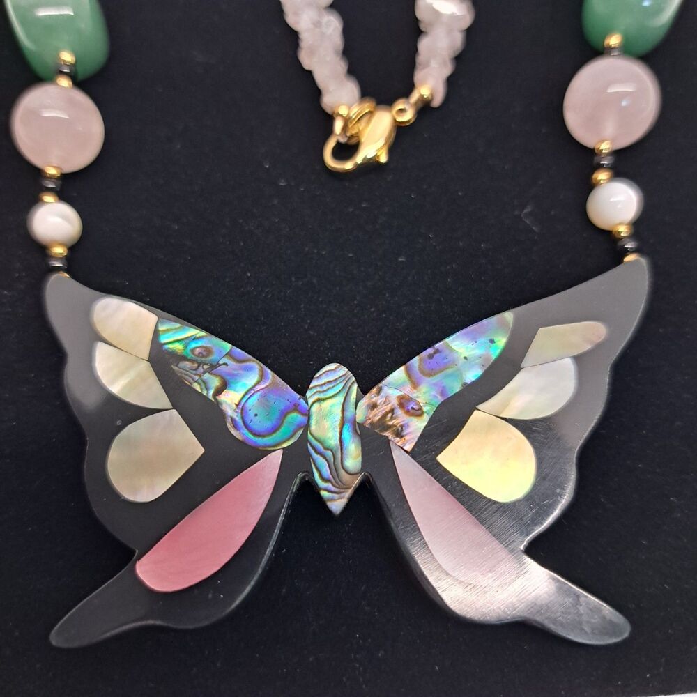 Vintage Lee Sands Abalone Inlay Butterfly Necklace Rose Quarts Jade Bead 18" - Picture 2 of 5